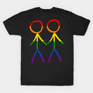 Stick figure drawing of two gay men holding hand, in rainbow colors for pride T-Shirt